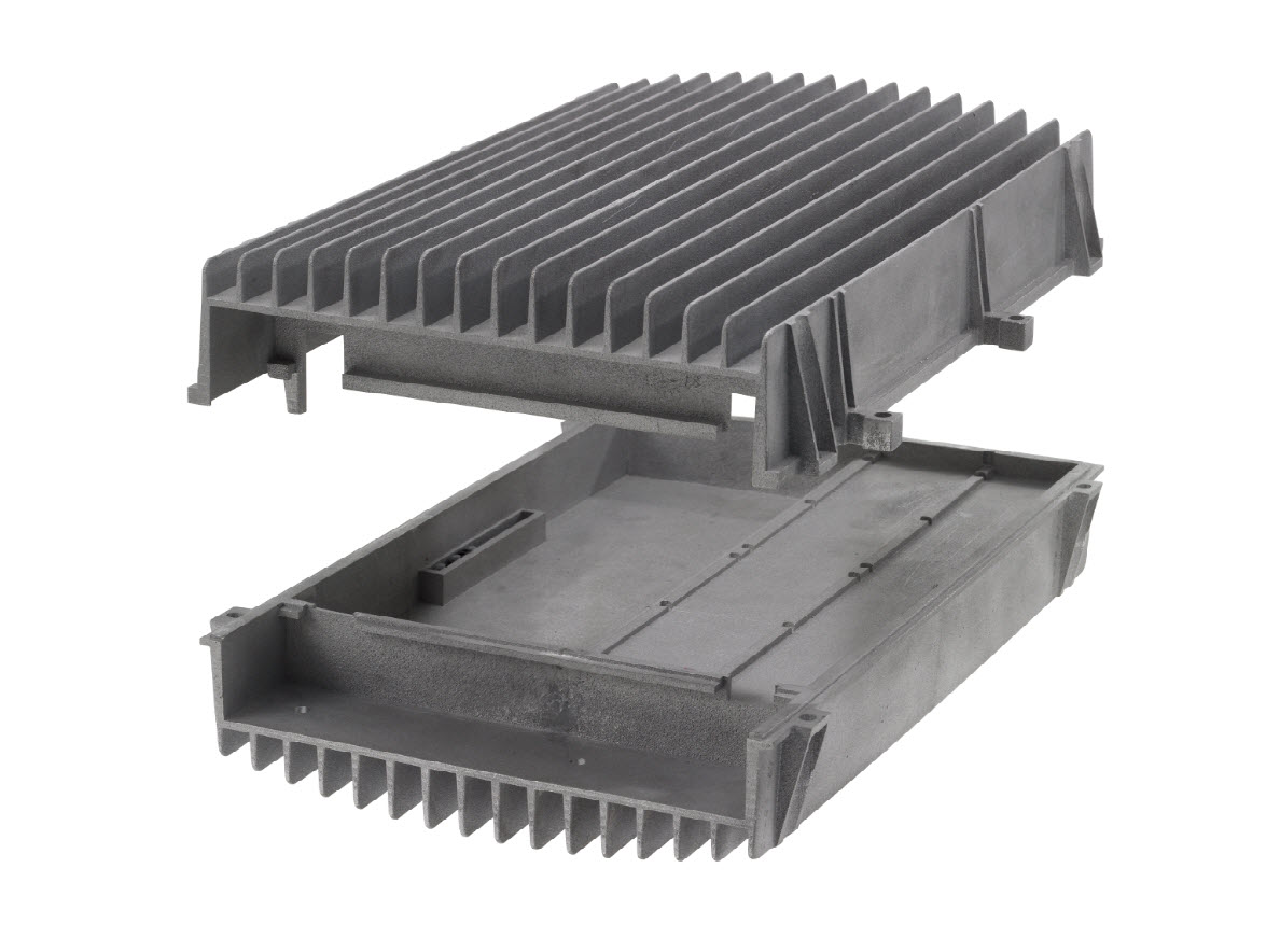 An aluminum heat sink enclosure with multiple vertical cooling fins and mounting features.