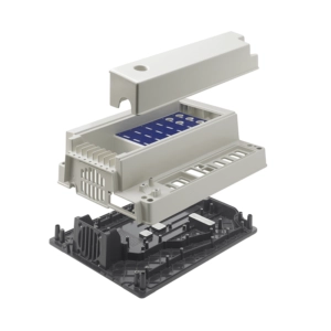 Exploded view of an electronics housing showcasing Formkon's precision-engineered components.