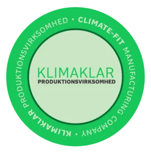 The "Klimaklar Produktionsvirksomhed" (Climate-Fit Manufacturing Company) certification badge.