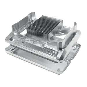 A high-precision CNC-machined aluminum enclosure with integrated cooling fins and multiple mounting points.
