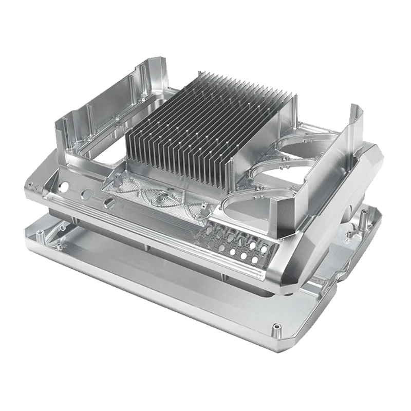 A high-precision CNC-machined aluminum enclosure with integrated cooling fins and multiple mounting points.